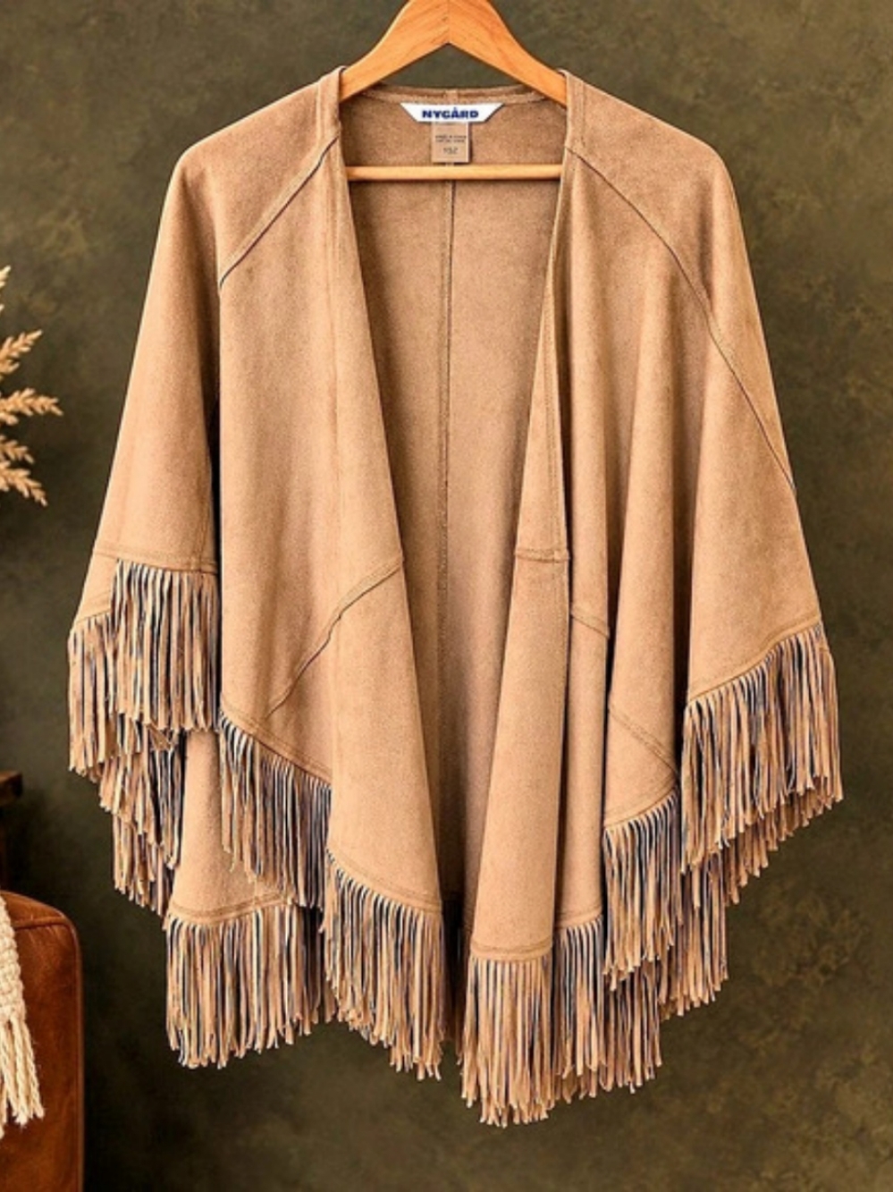 Nygard Taupe Faux Suede Fringe Poncho Cape 1SZ Boho Western